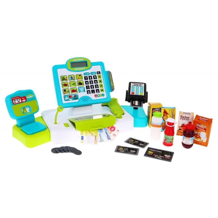 Jelölőház és kiegészítők készlete, LCD képernyővel, 20 db, Tartalma: Mikrofon, érintőpanel, szkenner, mérleg, beépített számítógép, kártyaolvasó, hang- és fényeffektusok, számos kiegészítő, Indiggo®, 3 év felett, kék
