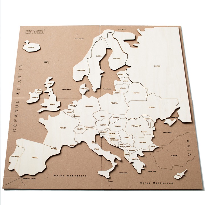 Harta Europa, puzzle geografic MORMI, piese individuale din lemn natur cu toate tarile Europei