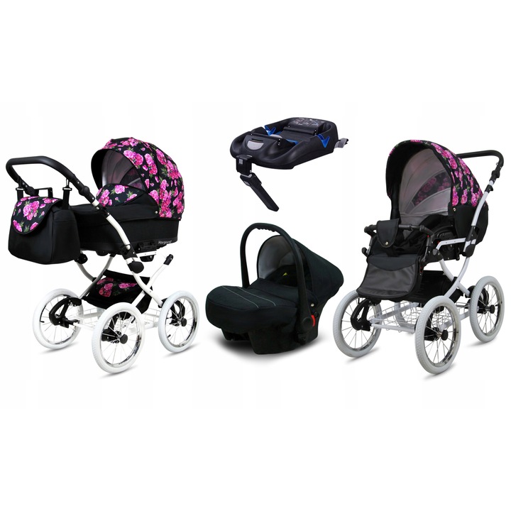 Carucior pentru copii, Baby Lux, 4 in 1, Baza Isofix, Aluminiu/Bumbac, Negru/Roz