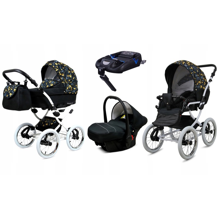 Бебешка количка, Baby Lux, 4 в 1, Isofix база, Алуминий/Памук, Черен/Жълт