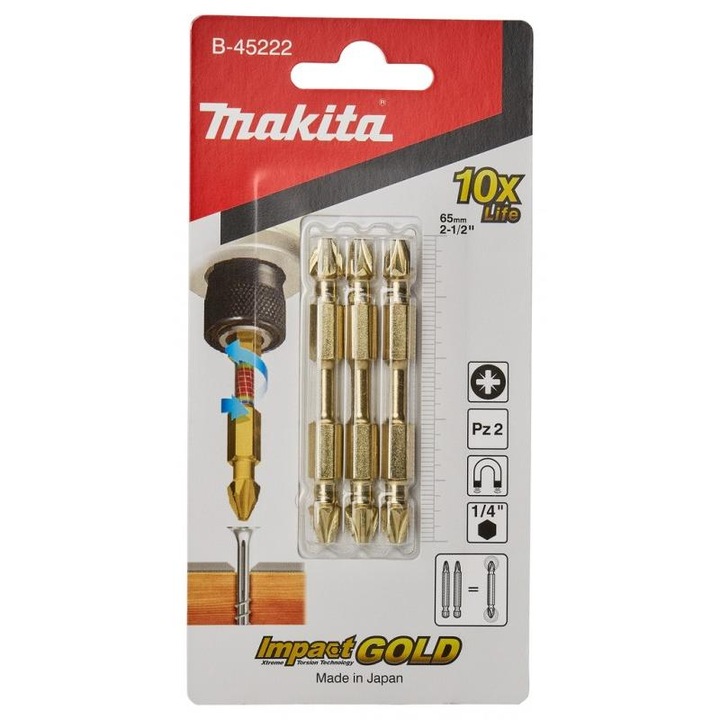 Set 3 biti impact gold cu doua capete PZ2, 65mm, eLinx Makita B-45222