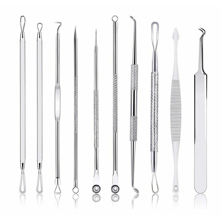 Set 10 instrumente cosmetica, UBX, pentru exctractia comedoanelor si a punctelor negre, din otel inoxidabil igienic