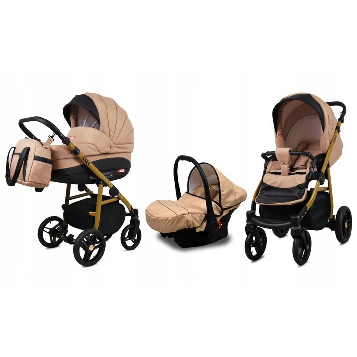 Бебешка количка Baby Lux, 3 в 1, Реверсивна, Памук/Алуминий, Бежово/Черно