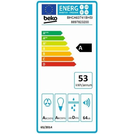 Hota incorporabila decorativa Beko BHCA63741BHSI, Putere de absorbtie 752 m3/h, 1 motor, Homewhiz, SmellSense, Hob to Hood, Auto Shut Down, 3+1 trepte de viteza, Control touch, Iluminare LED, Indicator de saturare a filtrelor, Clasa A, Panou sticla, Negru