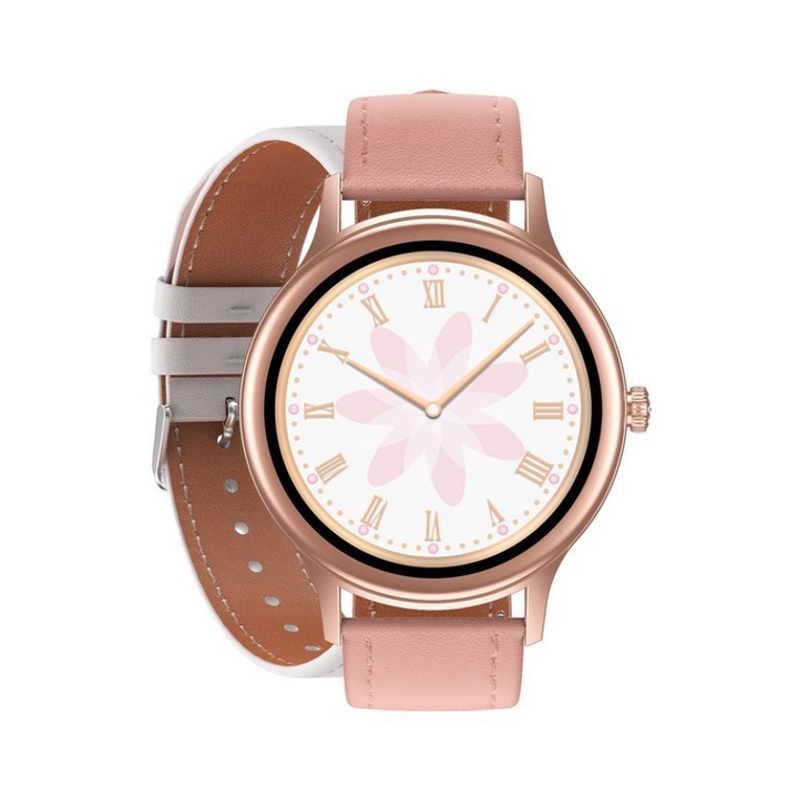 Smartwatch dama cu o curea cadou, Pacific, Piele, Rose gold/Roz