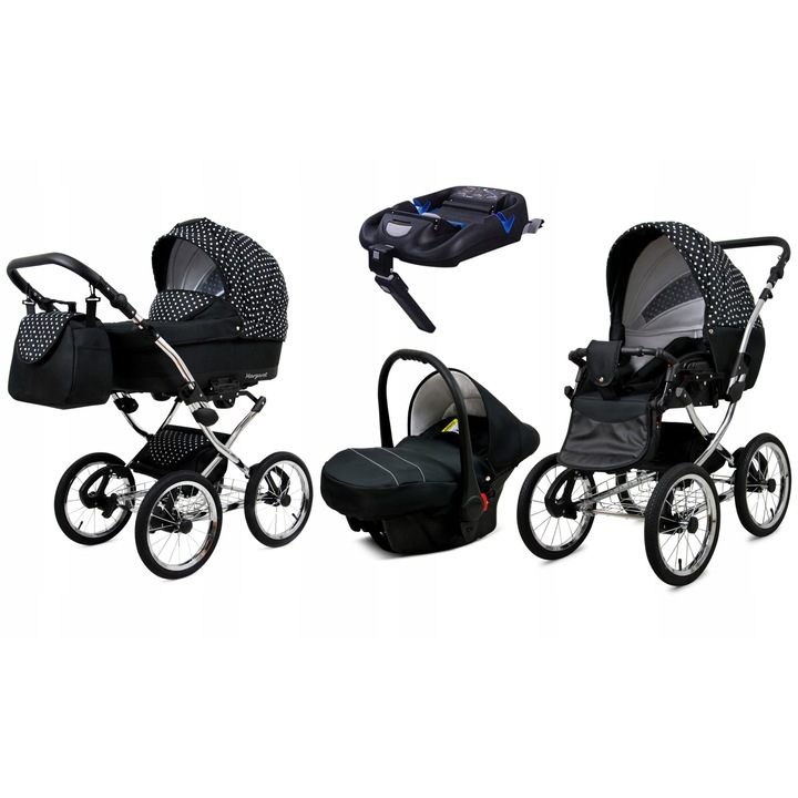 Carucior multifunctional 4 in 1 BabyLux Margaret, Sistem complet calatorie cu scaun auto si baza ISOFIX, cadru aluminiu, suspensie moale, textil respirabil, Negru/Alb, pentru bebelusi si copii