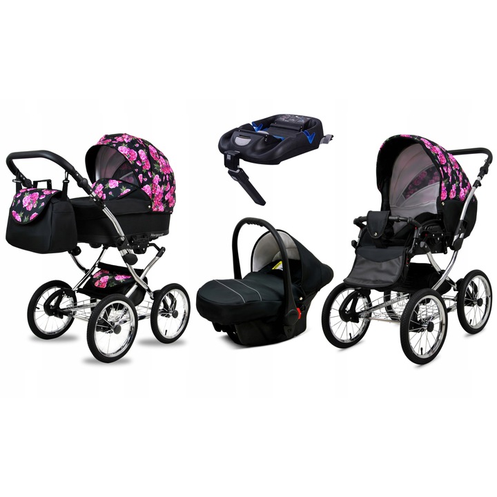 Carucior pentru copii 4 in 1 Baby Lux Margaret, cu landou, parte sport si scaun auto, baza Isofix inclusa, pliere usoara, suspensii, maner reglabil, negru/roz