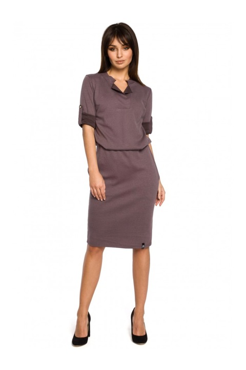 Рокля с висока яка и плисирано деколте, BeWear, Кафяв