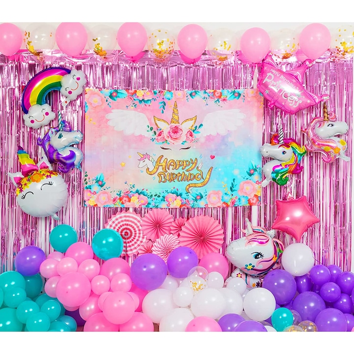Комплект балони и украса за детски рожден ден, Simply Joy, Честит Рожден ден, за детско парти на тема Еднорог, 118 бр, Розови