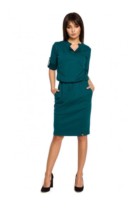 Рокля с висока яка и плисирано деколте, BeWear, Зелен