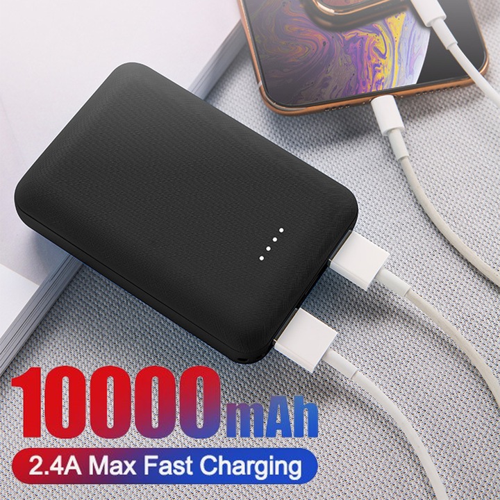 Acumulator extern, Dollcini, 2 x USB, 1 x Type C, 10.000 mAh, Plastic/Policarbonat, Negru
