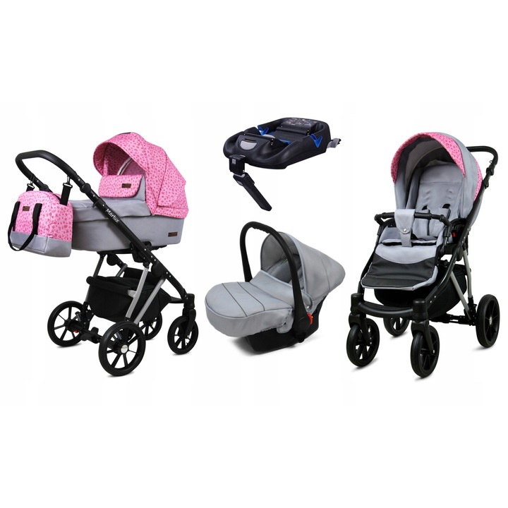 Carucior copii BabyLux Marlux 4 in 1, Sistem complet de calatorie cu Baza Isofix, Landou, Parte sport, Scaun auto, Cadru Aluminiu, Tesatura Bumbac, Roti Antipana, Culoare Roz Gri, Multifunctional si Sigur, Confort Maxim