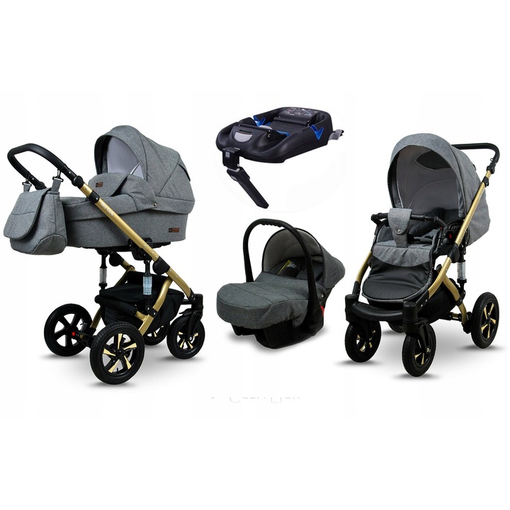 Carucior multifunctional 4 in 1 BabyLux Sky Lark, sistem complet pentru bebelusi, cu landou transformabil in scaun sport, scaun auto 0-13kg cu adaptori, baza ISOFIX, roti EVA, cadru aluminiu, materiale bumbac respirabil, Negru/Gri