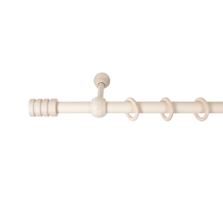 Galerie simpla Pisa, lemn masiv cu diametrul 28 mm, 240 cm, alb antic, kit complet cu inele si carlige