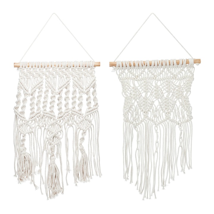 Set de 2 bucati, decor macrame de perete, crem, dimensiuni 60 x 30 x 1,5 cm, fiecare, Relaxdays