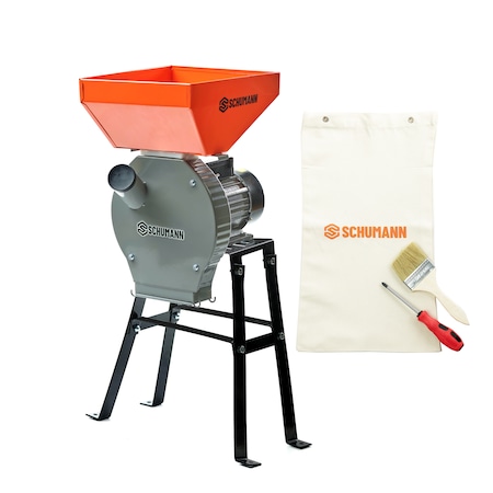 Set moara electrica cu suport din metal, pentru cereale si stiuleti 2 in 1, SCHUMANN®, Cuva Mare, motor 3.9 kw 100% cupru, 3000 rpm, 300 kg/h, 4 site de rezerva, 20 ciocanele cu accesorii intretinere incluse
