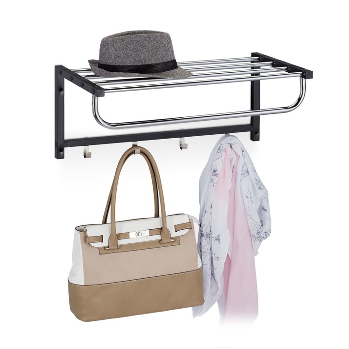 Cuier de perete cu raft si 4 agatatori, fabricat din otel, dimensiuni 25 x 60 x 32,5 cm, negru/argintiu, Relaxdays