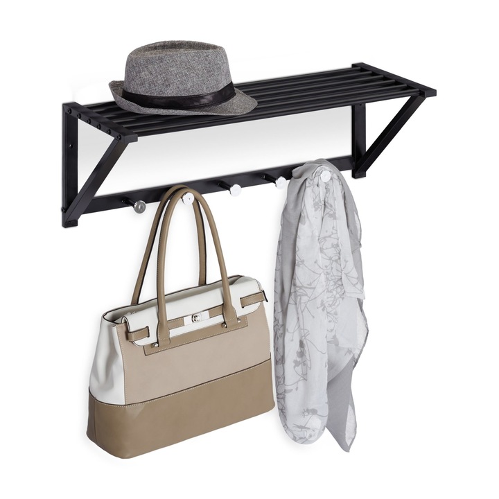 Cuier de perete cu raft si 5 agatatori, fabricat din otel, dimensiuni 23 x 65 x 25 cm, negru, Relaxdays