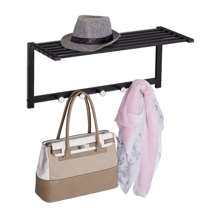 Cuier de perete cu raft si 5 agatatori, fabricat din otel, dimensiuni 28 x 65 x 25 cm, negru, Relaxdays