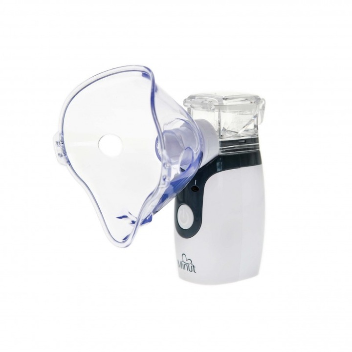 Nebulizator Minut, ultrasonic, cu tehnologie Mesh, baterii incluse, silentios, usor, portabil, alb cu gri, geanta