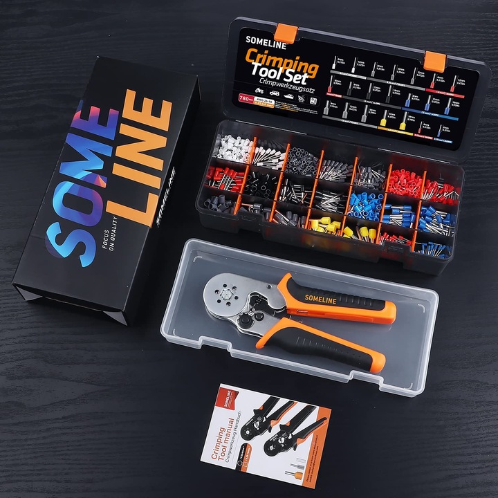Cleste de sertizare, Trusa de sertizare cabluri electrice premium, 770 terminale, 9 tipuri [0, 25-10 mm²], Cleste cu reglare automata, Cutie de depozitare si transport