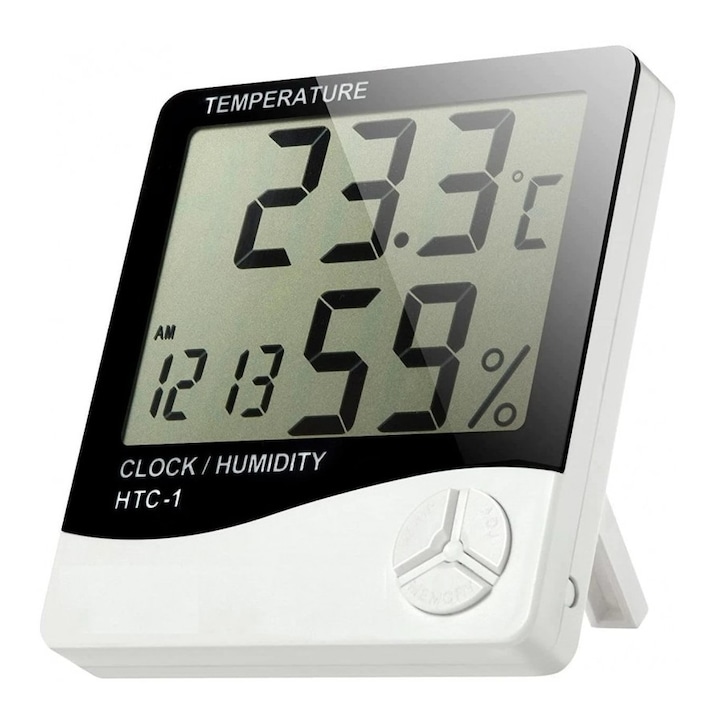 Termometru si Higrometru de Camera, Statie Meteo, Temperatura, Umiditate, Ceas, Alarma, Valori Minime/Maxime, HTC-1