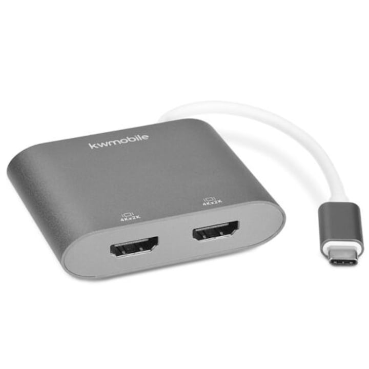 Adaptor USB-C la dublu HDMI 4k 30Hz, Kwmobile, Argintiu, Metal, 50604.01