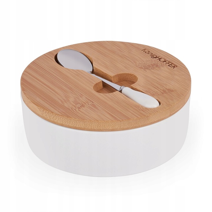 Zaharnita, Konighoffer, Cu lingurita si capac, Portelan/Bambus/Inox, 15 cm, 350 ml, Alb/Bej