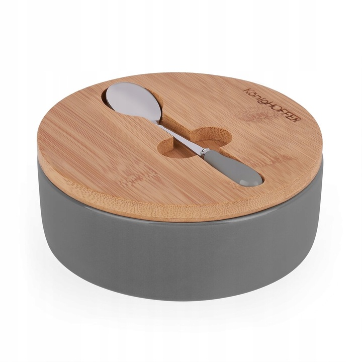 Zaharnita, Konighoffer, Cu lingurita si capac, Portelan/Bambus/Inox, 15 cm, 350 ml, Gri/Bej