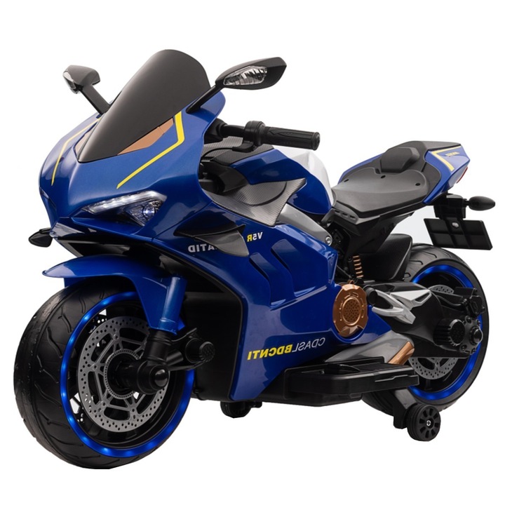 Motocicleta Electrica cu Acumulator Pentru Copii NOVOKIDS™ Super Rider GP, 12V, 3-7 ani, max 30 kg, Cu Sunete si Lumini LED, USB si Bluetooth, Roti ajutatoare, Albastru