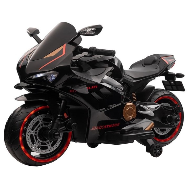 Elektromos motorkerékpár akkumulátorral gyerekeknek NOVOKIDS™ Super Rider GP, 12V, 3-7 év, max 30 kg, LED hangokkal és világítással, USB és Bluetooth, segédkerekek, fekete