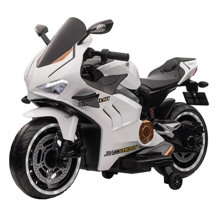 Motocicleta Electrica cu Acumulator Pentru Copii NOVOKIDS™ Super Rider GP, 12V, 3-7 ani, max 30 kg, Cu Sunete si Lumini LED, USB si Bluetooth, Roti ajutatoare, Alb