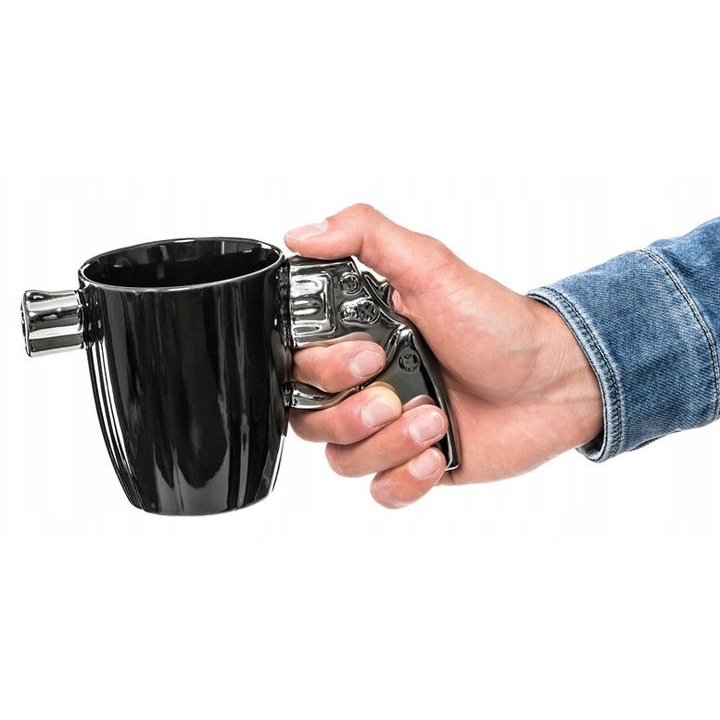 Cana Serifului, Gadget Master, Portelan, Culoare Cana Negru, Culoare Revolver Argintiu, Idee Perfecta De Cadou, Ambalaj Cadou, 17.8 cm x 8.7 cm x 10.2 cm, Multicolor