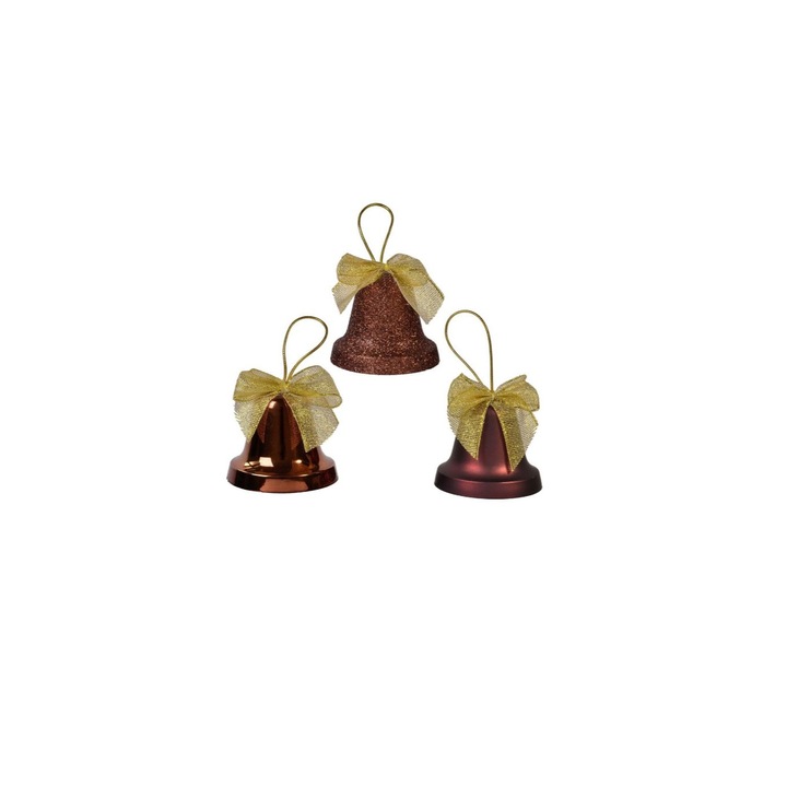 Set 4 clopotei decorativi de Craciun cu fundita, 5 cm