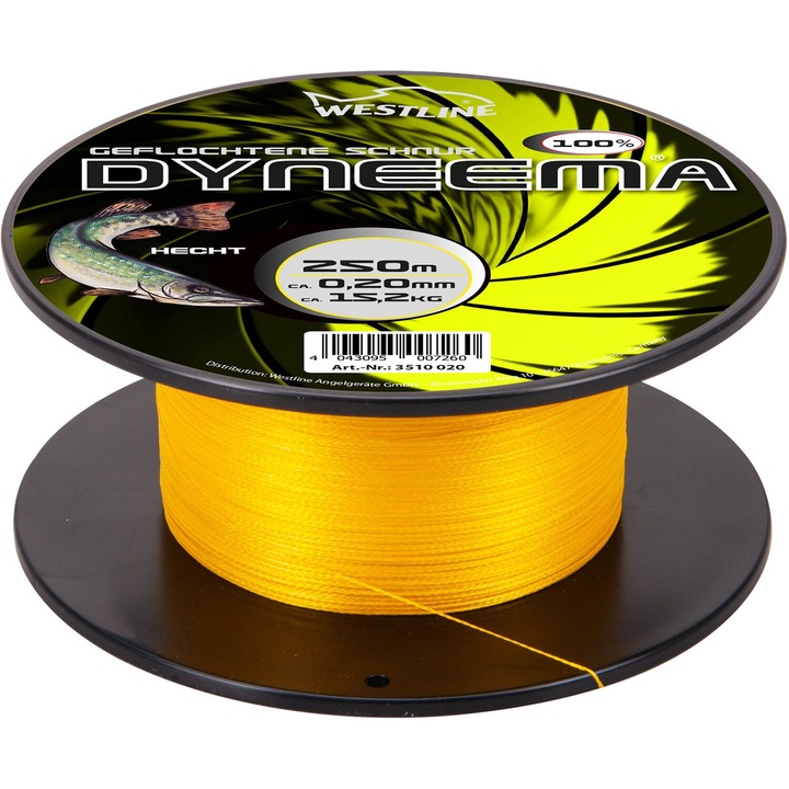 Влакно Dyneema Westline 250 метра, дебелина 0,20 мм, около 15,2 кг, жълто