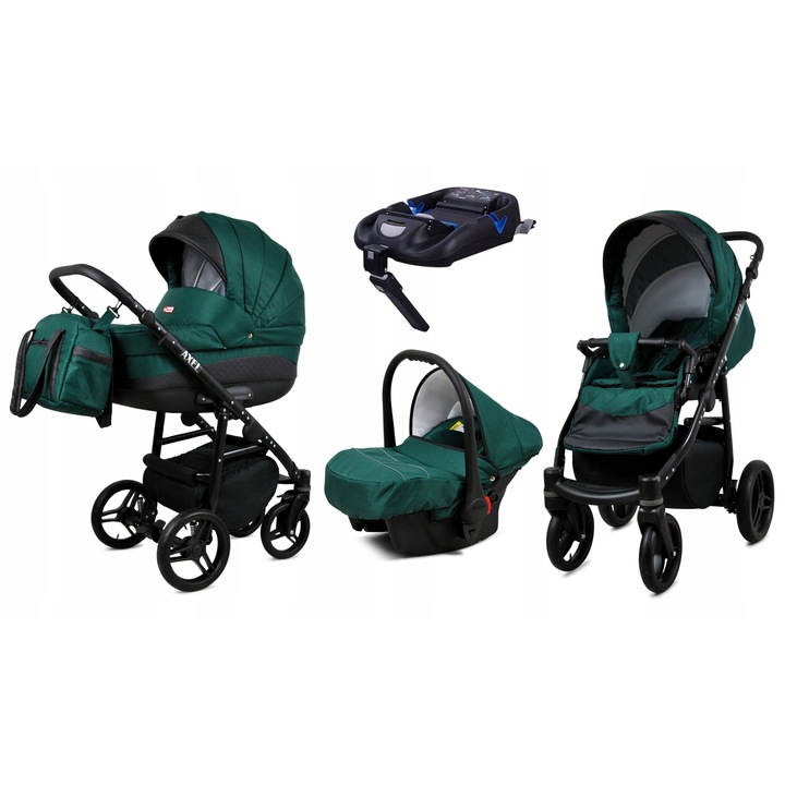 Carucior de Copii BabyLux AXEL, 4in1, Adanc Reversibil, Scaun Autofaza, Cadru Aluminiu, Isofix, Culoare Bottle Green Black Frame