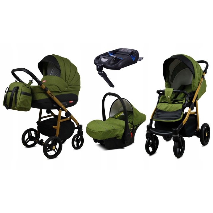 Бебешка количка BabyLux, 4 в 1, Isofix база, Алуминий/Памук, Зелен/Черен