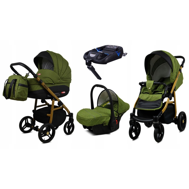 Carucior de Copii BabyLux AXEL, 4in1, Adanc Reversibil, Scaun Autofaza, Cadru Aluminiu, Isofix, Culoare Olive Gold Frame