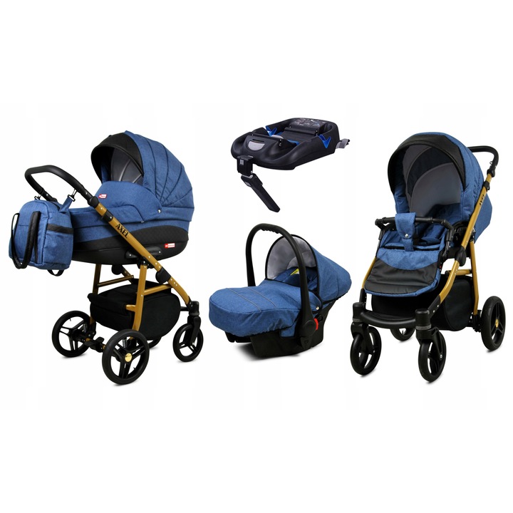 Бебешка количка BabyLux, 4 в 1, Isofix база, Алуминий/Памук, Черен/Син