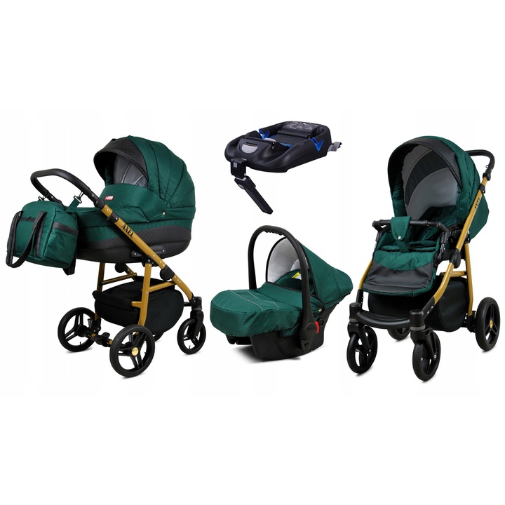 Carucior de Copii BabyLux AXEL, 4in1, Adanc Reversibil, Scaun Autofaza, Cadru Aluminiu, Isofix, Culoare Bottle Green Gold Frame