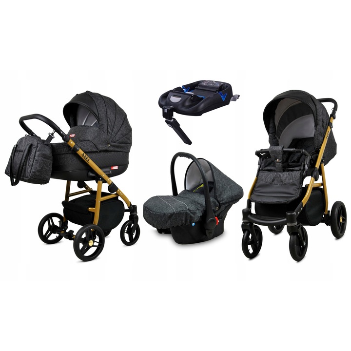 Carucior de Copii BabyLux AXEL, 4in1, Adanc Reversibil, Scaun Autofaza, Cadru Aluminiu, Isofix, Culoare Carbon Gold Frame