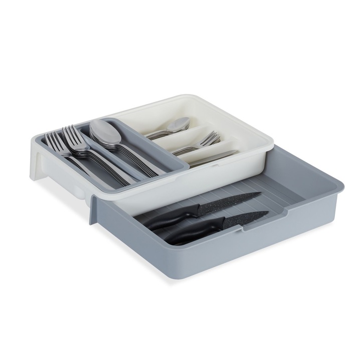 Relaxdays evőeszköztartó, műanyag, szürke 6 x 23,5 x 31,5 cm