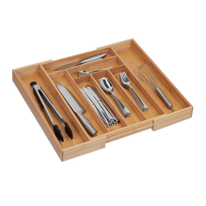 Kihúzható evőeszköztartó, Relaxdays, bambuszból, natúr, 8 rekeszes, 5 x 32,5-52 x 45,5 cm