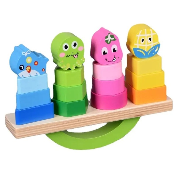 Дървена игра Монтесори, балансиране, сортиране и подреждане на геометрични фигури, животни, многоцветни