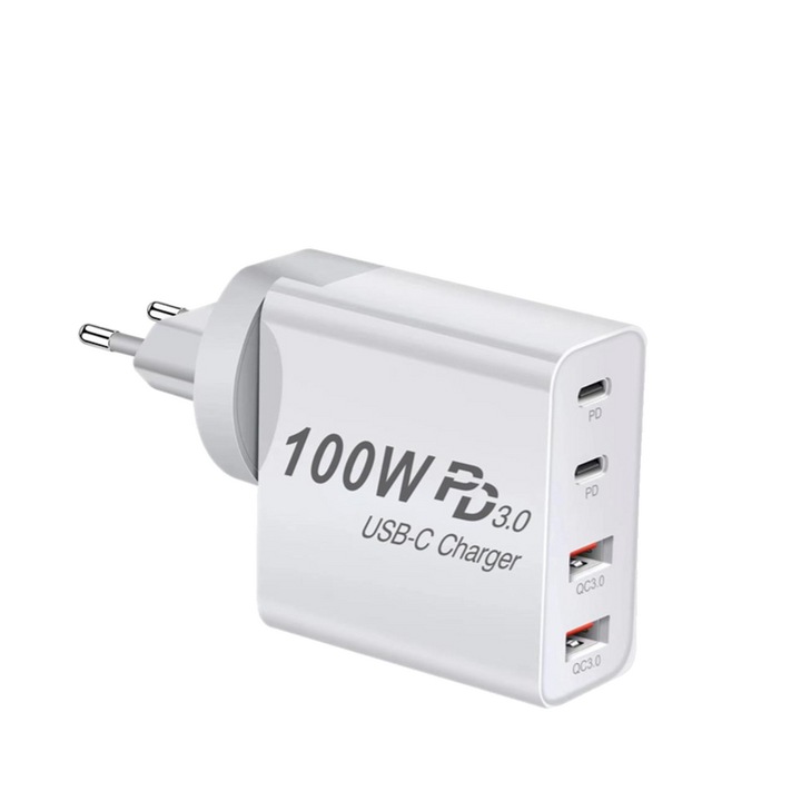 Incarcator retea, Tehnologia nitrurii de galiu, 100W, USB-C/USB, ZYuuan, Alb