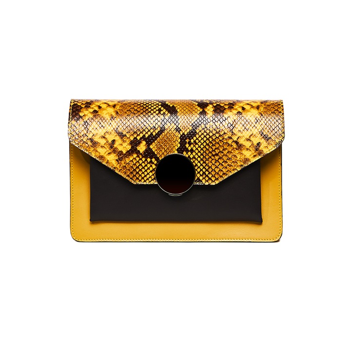 Geanta dama piele, ANNA FELLINI, Ivona, galben maro, 26x7x18 cm