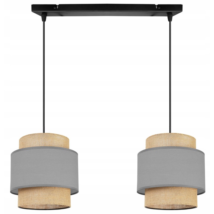 Plafoniera suspendata, Light Home, Boho, reglabile, Lungime 95 cm, Latime 60 cm, Abajur 20 cm, E27, 2 punct de lumina, material textil, Gri/Bej