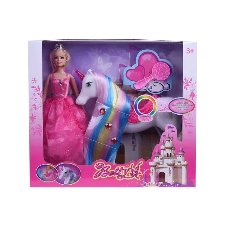 Кукла Betty, Еднорог, Корона, Четка, Светлина, Пластмаса, 3+ години, Розов