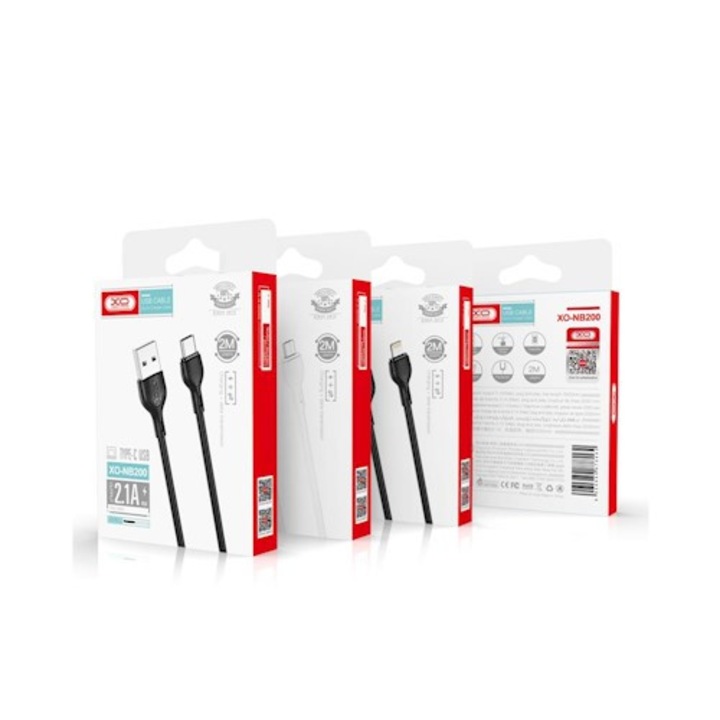 Type-C gyorstöltő adatkábel, 2.1A, 2M, fekete, XO-NB200