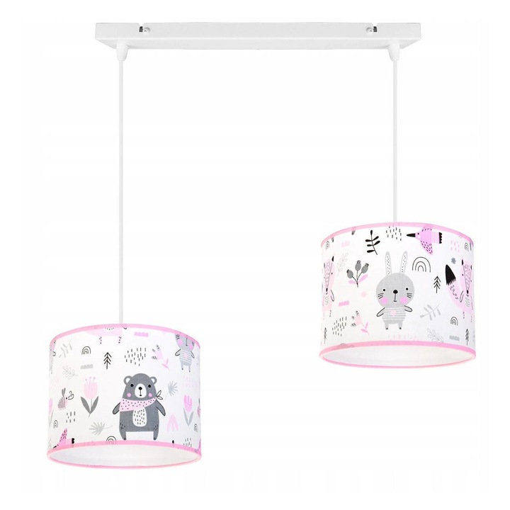 Plafoniera suspendata, Light Home, Daisy, reglabile, Lungime 85 cm, E27, 2 punct de lumina, material textil, Alb/Roz